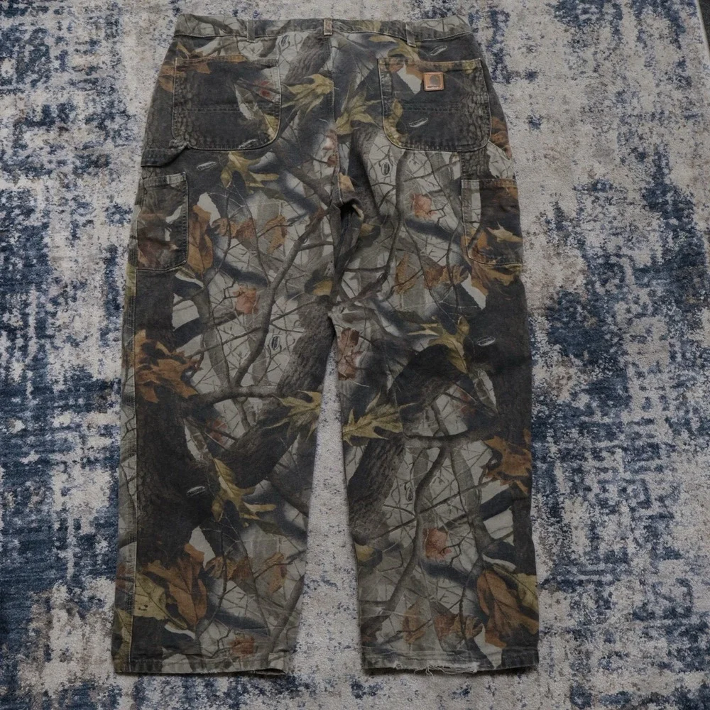 Vintage Carhartt Camo B158 Dungaree Pants 40x30 Y2K Leather Patch 2006 Workwear